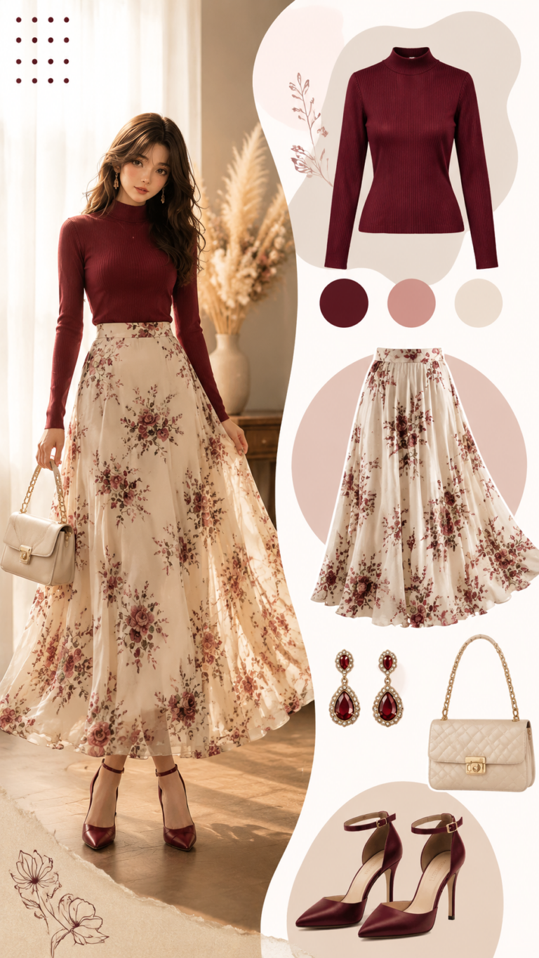Burgundy Floral Maxi Skirt Outfit Ideas  Elegant Feminine Fashion Inspiration