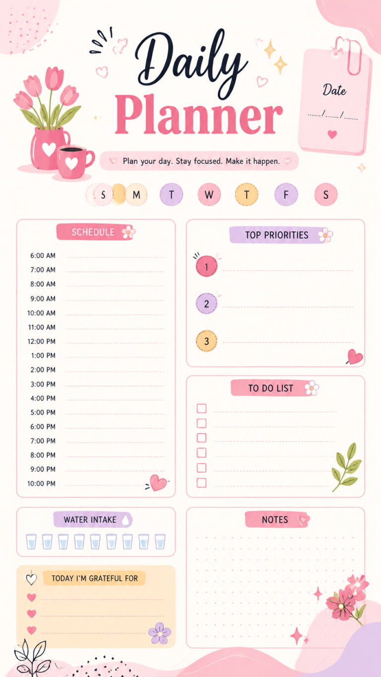 Cute Cherry Daily Planner Printable  Pink Aesthetic Schedule  To-Do List