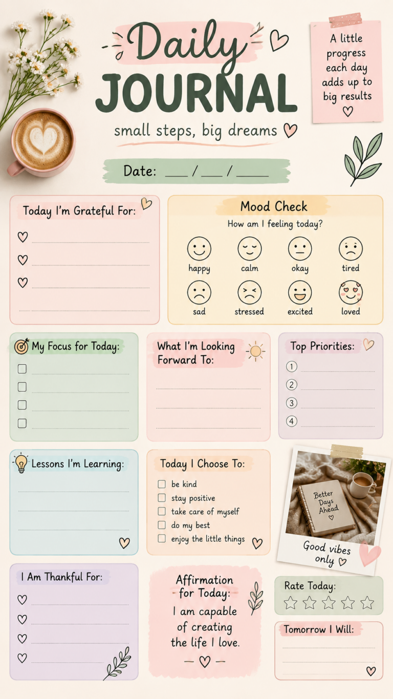 Daily Journal Printable   Self Care, Gratitude  Mental Wellness Planner