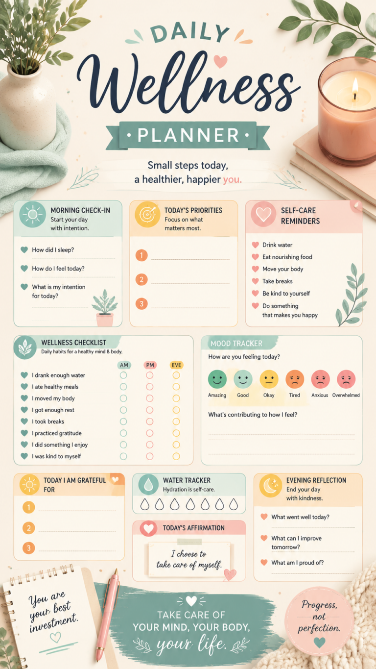 Daily Wellness Planner   Self Care Routine, Habit Tracker  Mindful Living Guide
