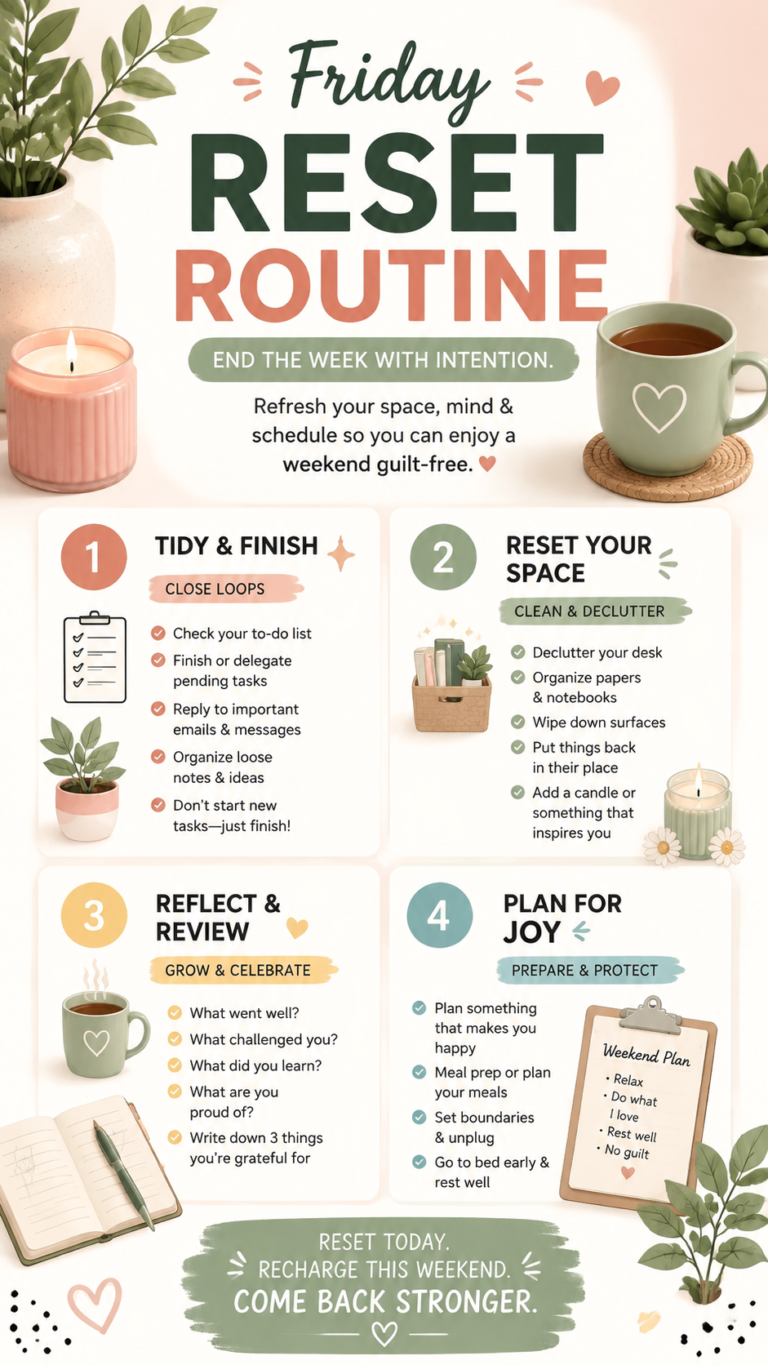Friday Reset Routine Ideas  Weekly Reset Checklist, Cleaning  Self-Care Tips