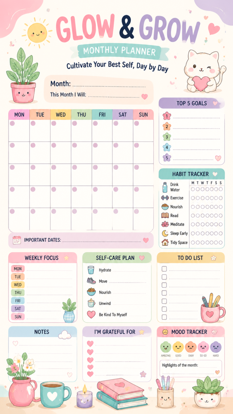 Glow  Grow Monthly Planner  Aesthetic Goal Setting  Habit Tracker