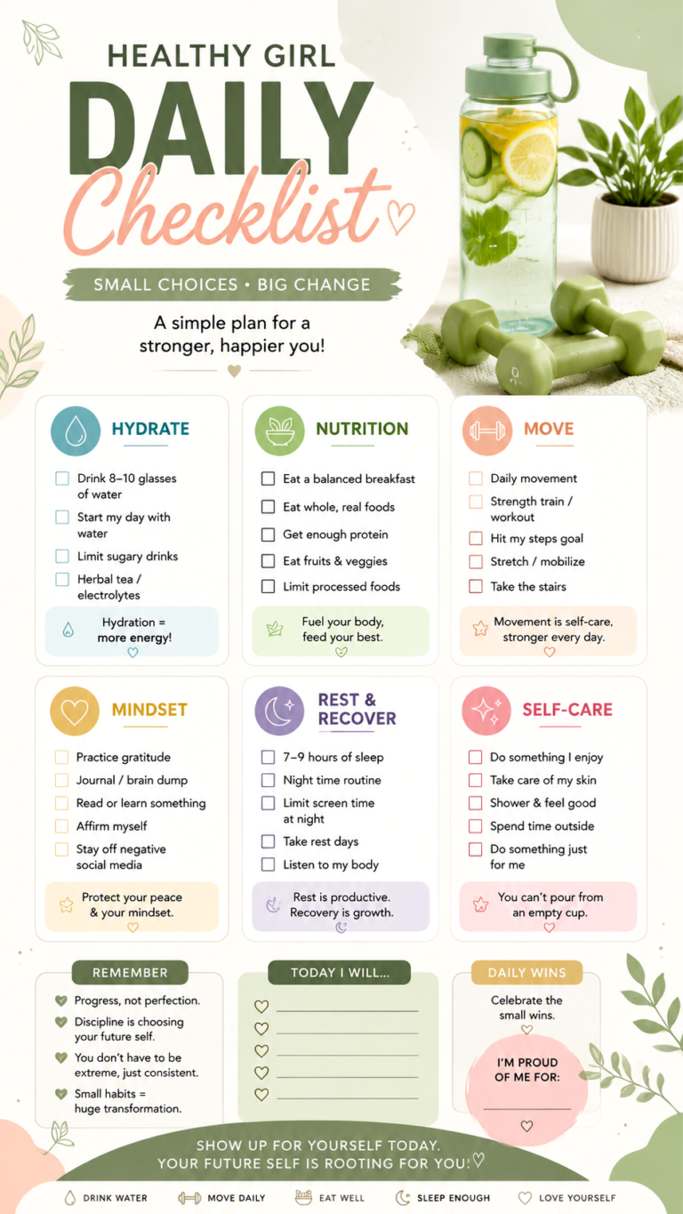 Healthy Girl Daily Checklist  Glow Up Routine, Wellness Habits  Self Care