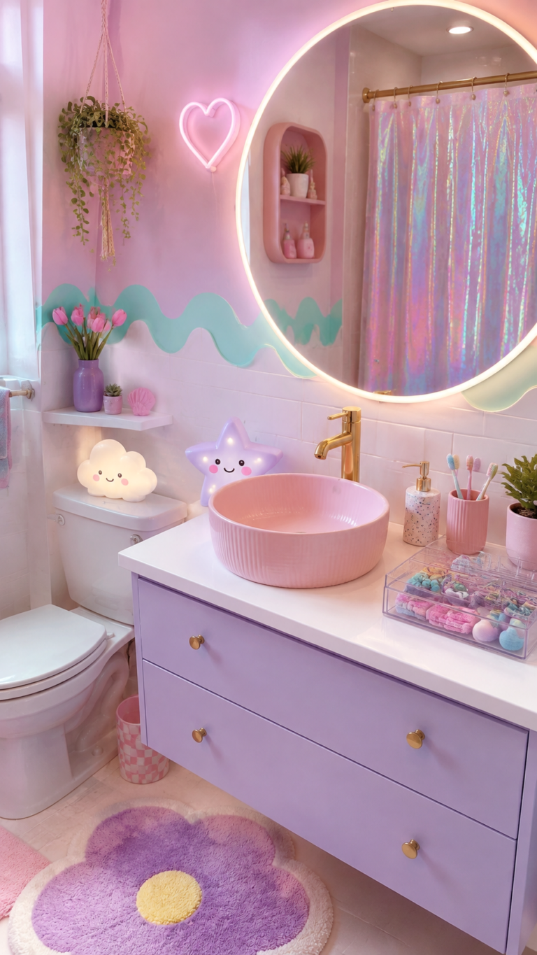 Y2K Pink Bathroom Ideas  Retro Purple Decor with LED Mirror