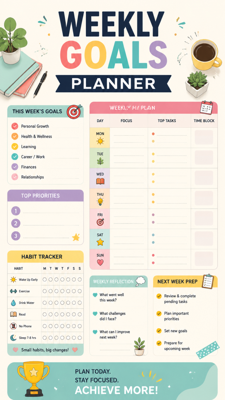 Weekly Goals Planner for Students  Study Goals, Productivity  Habit Tracker
