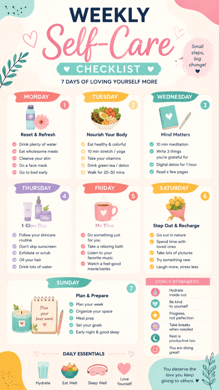 Weekly Self-Care Checklist  7 Days of Loving Yourself More  Wellness Routine