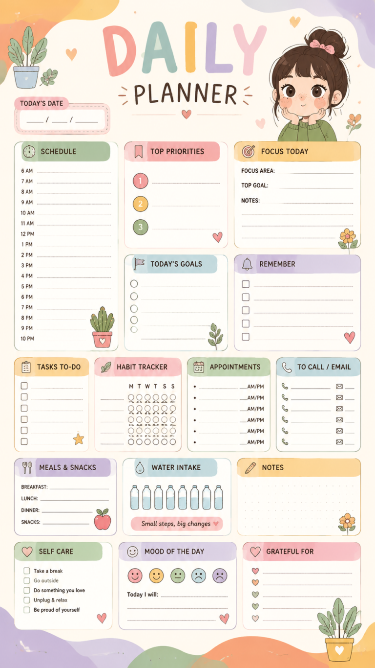 Cute Anime Daily Planner Printable  Whimsical Aesthetic Organizer Template