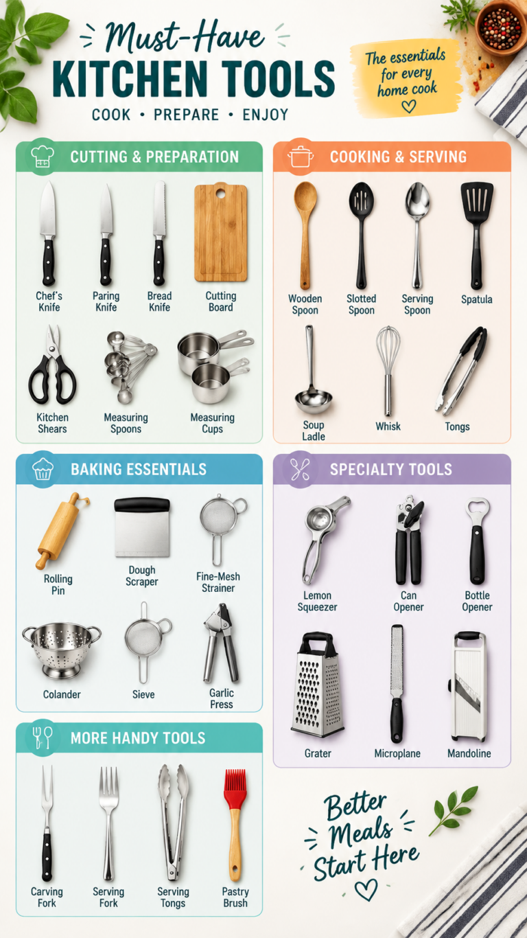 Complete Kitchen Utensils Guide Essential Tools for Cutting, Cooking  Serving