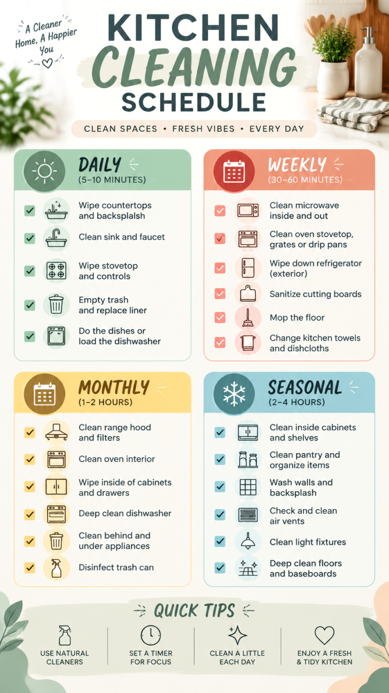 Ultimate Kitchen Cleaning Schedule Daily, Weekly  Monthly Checklist