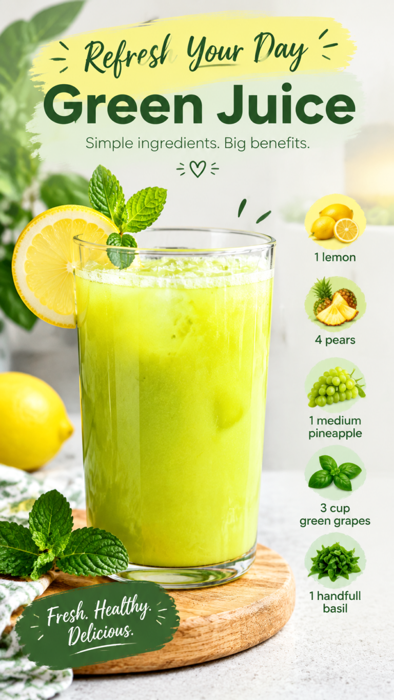 Refreshing Lemon Pear Pineapple Green Juice Recipe with Basil